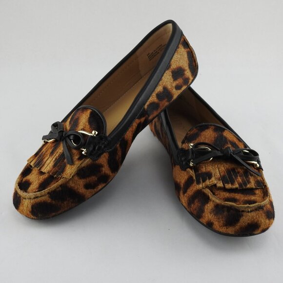 Talbots Everson Tasseled Leopard Print Leather Driving Moccasins Sz 5 Animal Fla - Picture 2 of 14